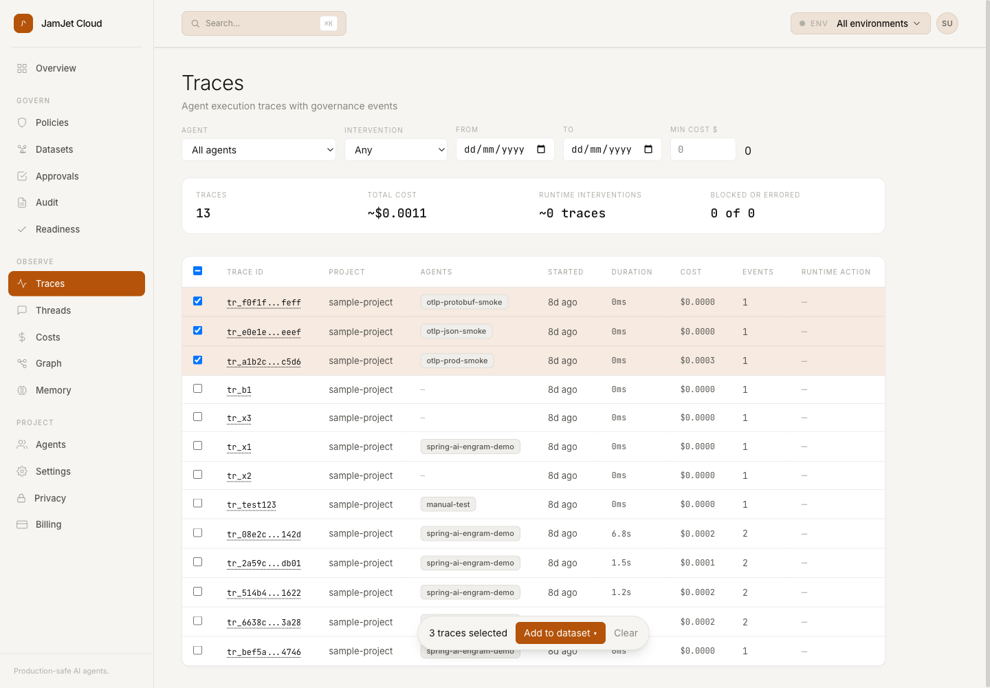 Trace list with three traces selected and a sticky footer reading "3 traces selected · Add to dataset ▾ · Clear"