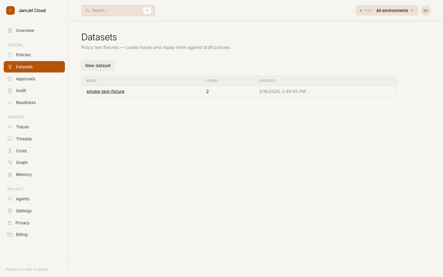 Datasets list page, light mode, showing a "smoke-test-fixture" dataset with 2 items pinned