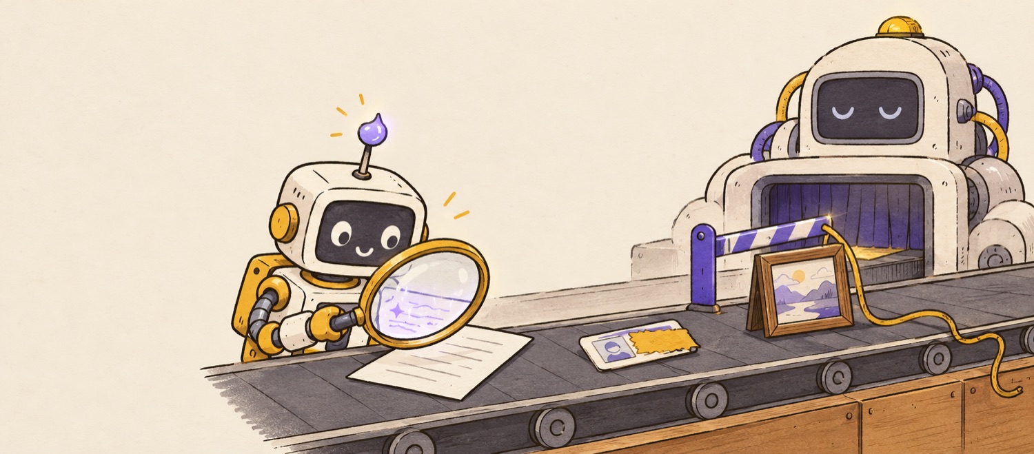 Jambot, a small robot, checks items on a conveyor belt before they reach a larger AI agent: a magnifying glass shows hidden marks on a page, an ID card has a redaction sticker, and a barrier stops a picture trailing a long string.