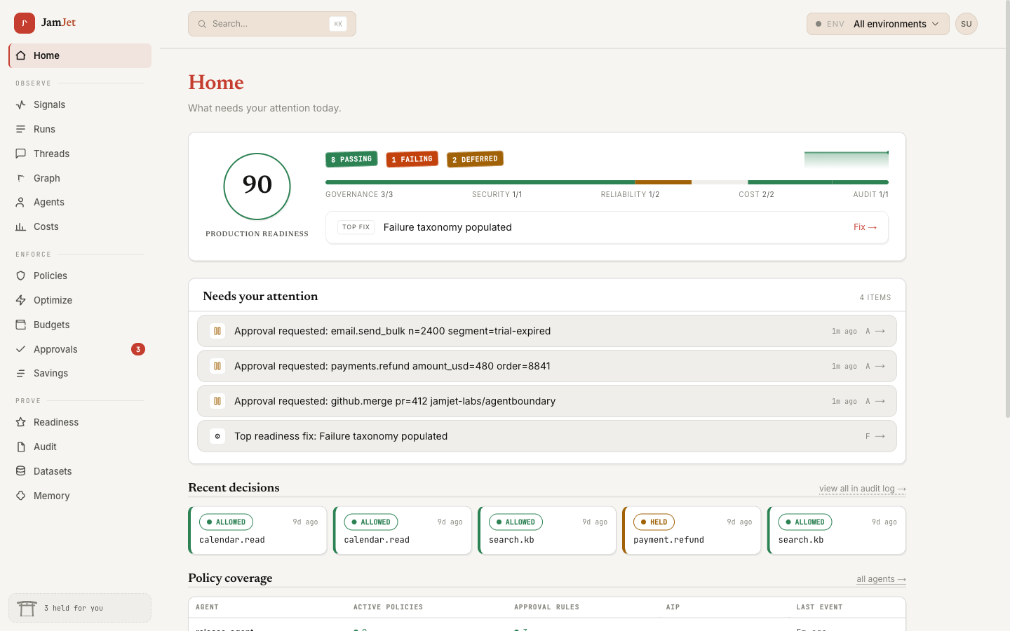 JamJet Cloud dashboard home: a production-readiness ring at 90, an attention queue of held approval requests, and a row of recent allow and hold decisions.