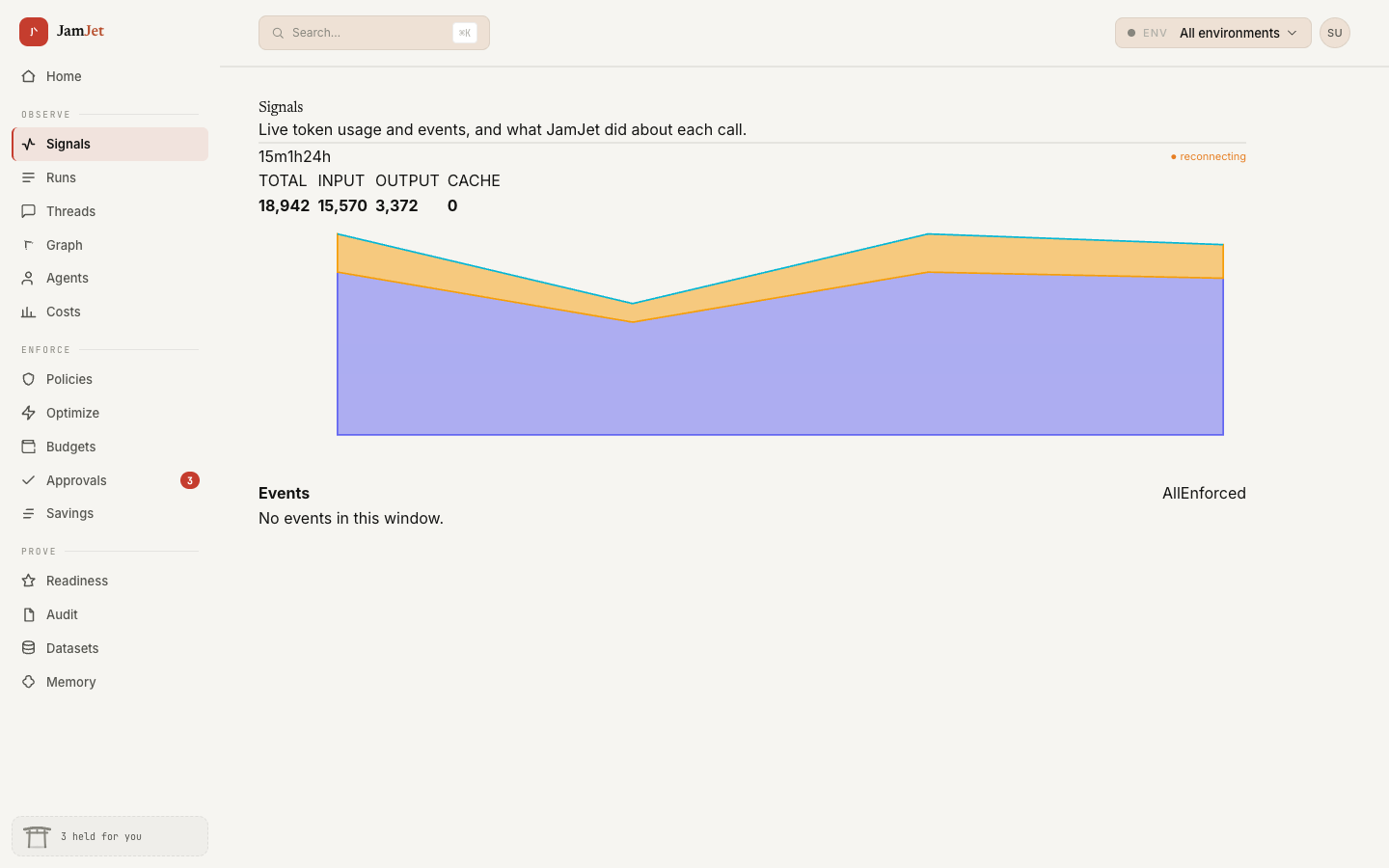 JamJet Cloud signals view: a live token-usage area chart with input and output bands, totals for input, output, and cache tokens, and a live events feed below.